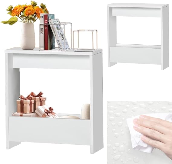 Samll Side End Table Bedside Table Magazine Table with Open Storage Shelf 55x20x60cm Modern Slim Sofa End Tables for Living Room, Office, Small Spaces, Apartments, Bedroom, Thin Nightstand, White