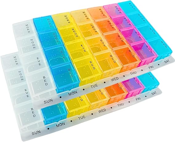 BIN BUDDY 2 Pack 7-Day Mediplanner | Rainbow Color Pill Box Organizer | 28 Compartments | Portable Design | Braille for Visually Impaired