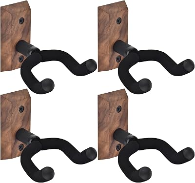 MOREYES Guitar Wall Mount 4 Pack, Guitar Wall Hangers with Rotatable Soft Guitar Hook for All Size Guitars, Hardwood U-Shaped Guitar Holder for Acoustic Guitar, Bass, Easy to Install, Black Walnut