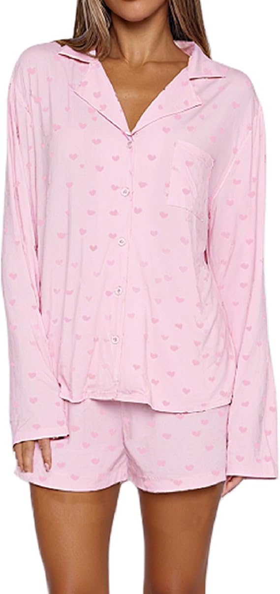 Yoawdats Women 2 Piece Button Down Pajamas Set Cotton Long Sleeve Shirt + Shorts Sleepwear Soft Pj Lounge Set Fall Nightwear