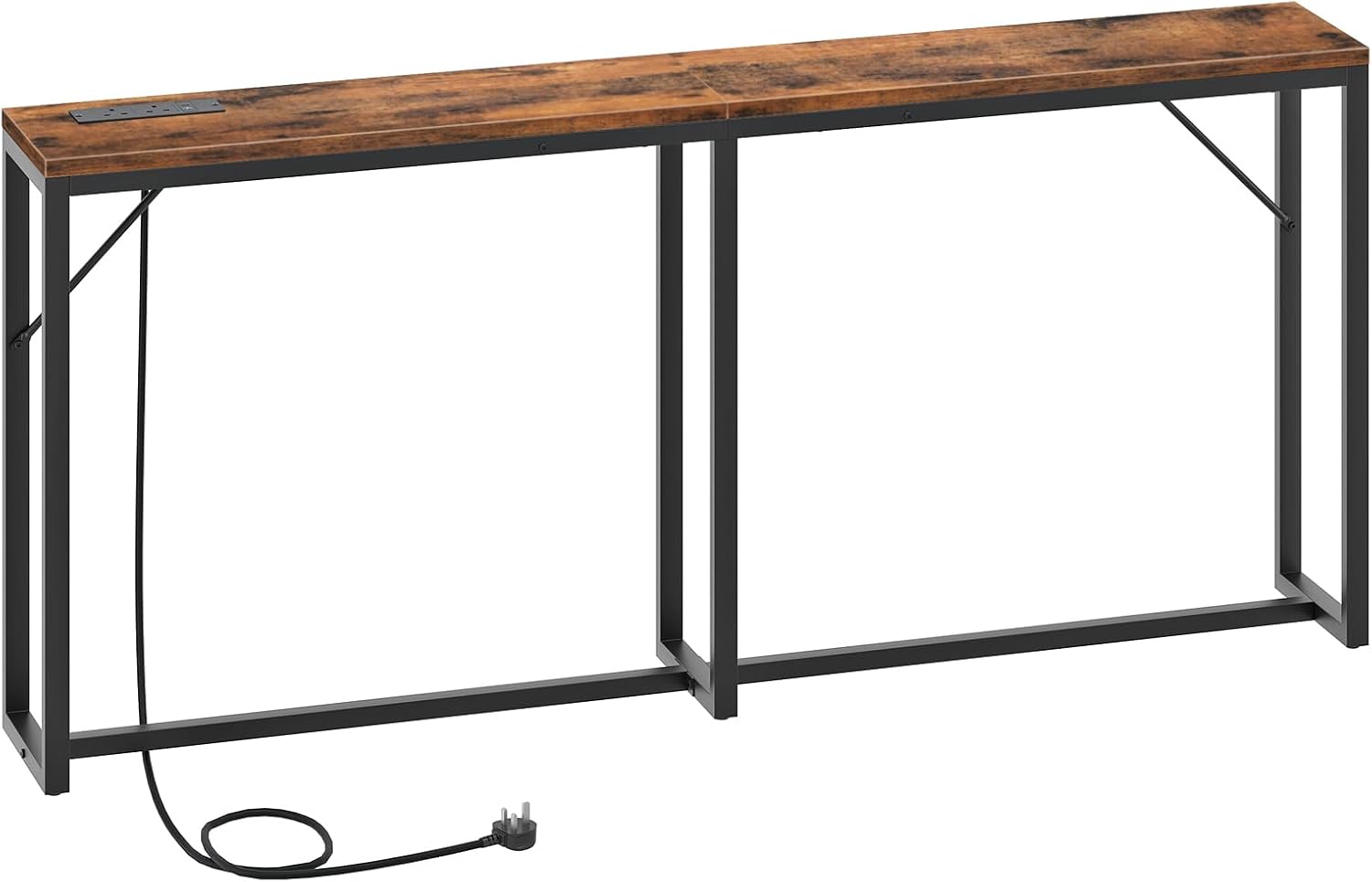 HOOBRO Slim Console Table with Charging Station, 180 cm Long Narrow Behind Sofe Table, Industrial Hallway Table, for Entryway, Living Room, Adjustable Feet, Rustic Brown and Black EBF208KXG01