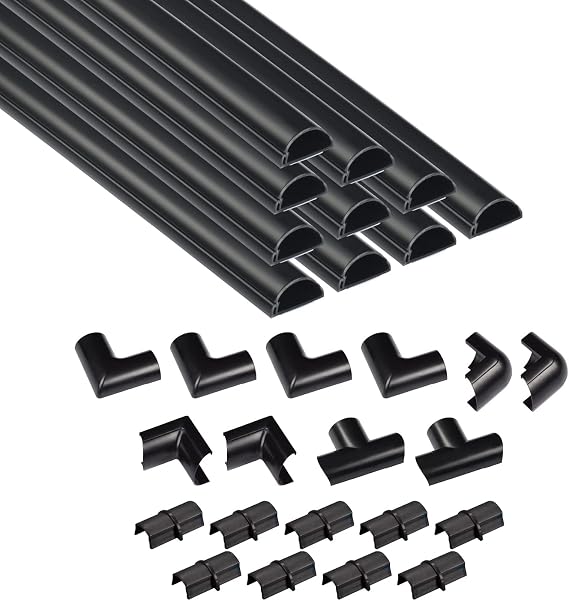 D-Line 157in Cord Cover Kit, Self-Adhesive Wire Hiders, Cable Raceway to Hide Wires on Wall, Electrical Cable Management - 10x 15.7 Lengths & 19 Accessories - 1.18" (W) x 0.59" (H) - Black