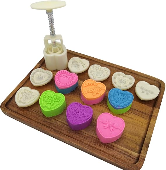 Moon Cake Mold Set Mid Autumn Festival 6pcs 50g Cookie Stamps, Heart Shaped Cookie Mold DIY Hand Press Cookie Dessert Cutter Pastry Decoration Tool Mooncake Maker