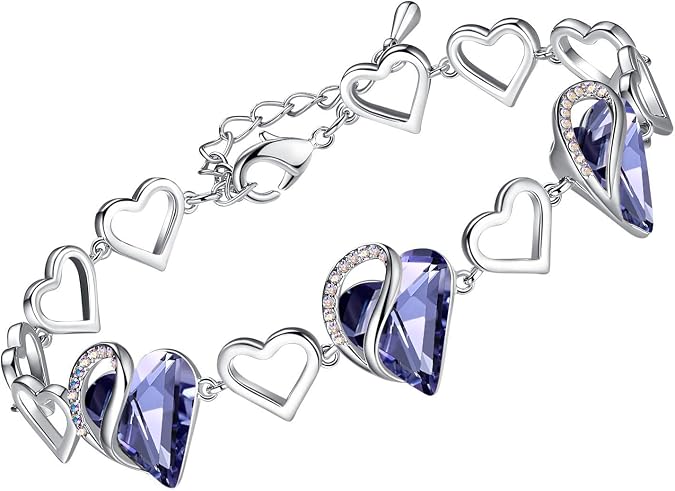 Leafael Infinity Love Heart Gift Bracelet for Women, Birthstone or Healing Stone Crystal, Silver Tone Birthday Jewelry for Her, Mom, and Wife, 7-inch Chain and 2-inch Extender