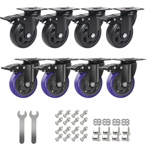 4 Inch Swivel Plate Caster Wheels Set of 8, Heavy Duty Casters Set of 4 with Brake, Polyurethane Locking Caster Wheels for Cart, Workbench, Load 2000lbs