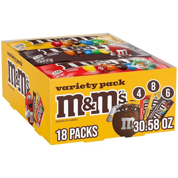 M&M'S Milk Chocolate Candy, Bulk Candy Variety Pack, Full Size, Pack of 18 | Real Milk Chocolate, Peanut, and Peanut Butter Candy, Individually Wrapped Packs for Sharing at Parties, Baking and Gifting