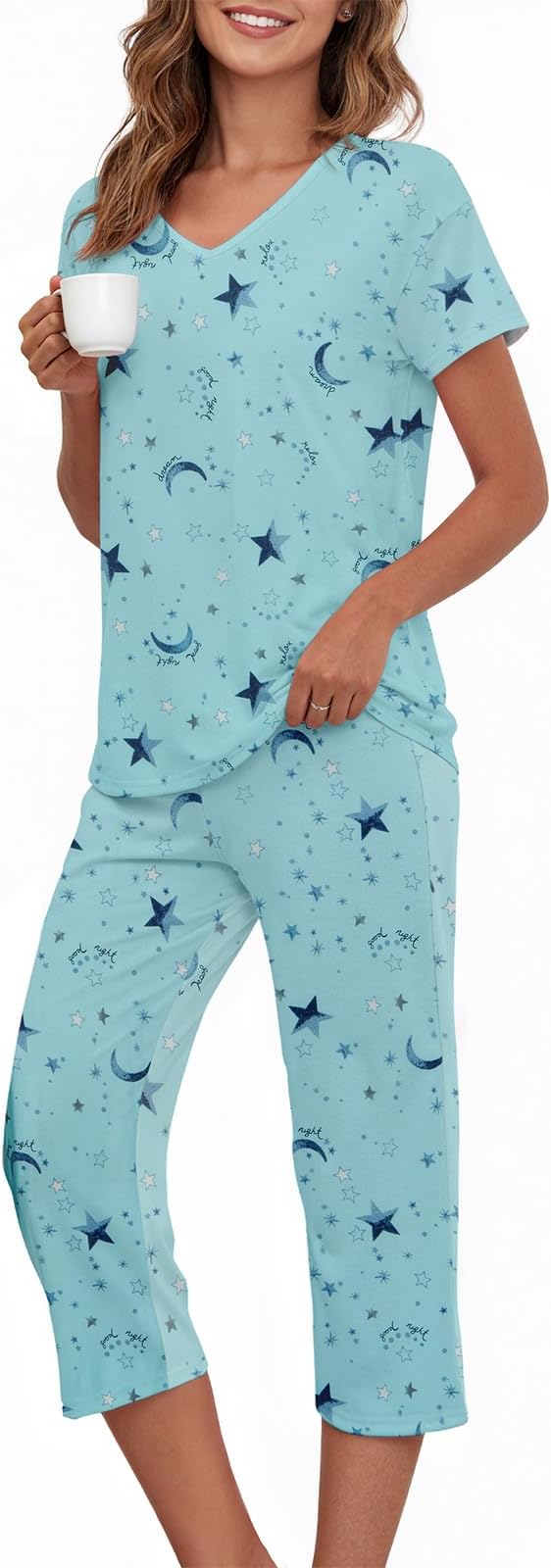 American Trends Womens Pajama Sets with Capri Pants, Soft Cotton Blend Lounge PJs Sets V Neck 2 Piece S-3XL 1 Pack
