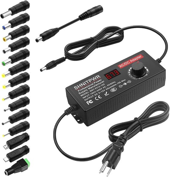 SHNITPWR 3.5V - 12V Power Supply 10A 120W AC to DC Adapter DC 4V 4.5V 5V 6V 7V 8V 9V 10V 12V Voltage Adjustable Universal Power Converter Transformer 100-240V AC in with 14 Tips & Polarity Converter