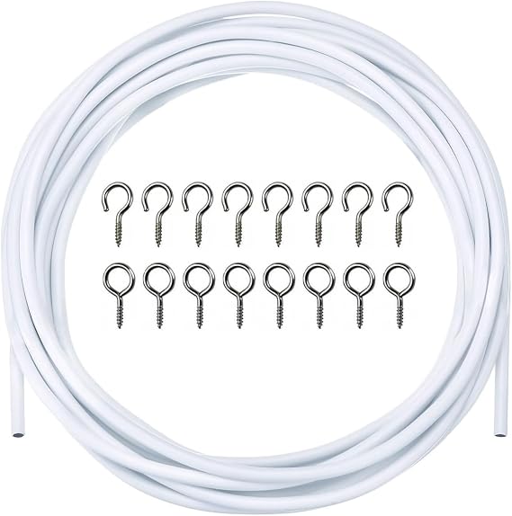 Curtain Wire 3 Metre White Net Cord Cable Voile Wire Cable,Net Curtain Wire and Hooks Set with 8 Eyes and 8 Hooks,for Hanging Net Curtains and Pictures
