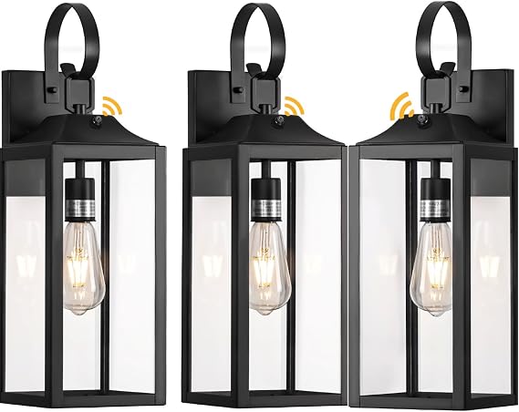 3 Pack 19" Large Black Dusk to Dawn Outdoor Wall Lantern, Black Sensor Porch Lights Exterior Lighting Fixtures, Modern Wall Lantern Outdoor Wall Lights Waterproof Wall Sconce Lamp for House