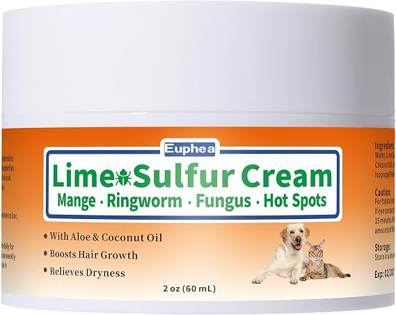 Lime Sulfur Cream, Mange Treatment Dogs & Cats, Ringworm Treatment for Cats, Soothes Itchy, Dry, Inflamed Skin, Promotes Hair Regrowth, Low Odor, No Rinse Needed, 2oz
