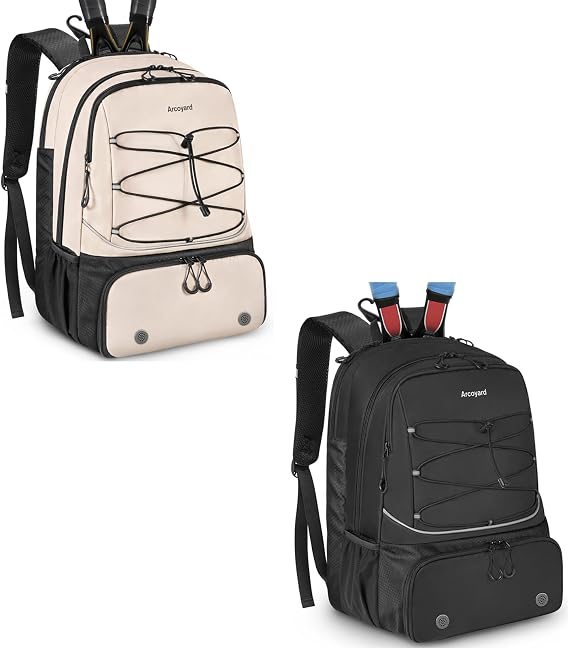Arcoyard Tennis Bag, Large Tennis Bags For Women, Tennis Backpack with Ventilated Shoe Compartment and Insulated Pocket, Beige & Black