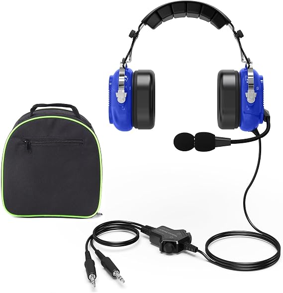 Aviation Pilot Headset GA Dual Plugs PNR for Flight School Students | Switchable mono/stereo, MP3 input. Blocks engine noise, durable & comfortable for student pilot training (Blue)