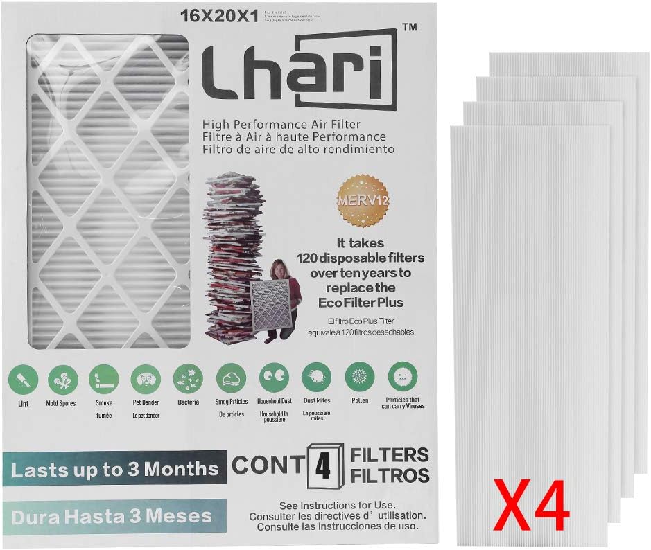 Lhari 16x20x1 Air Filter MERV 12, MPR 1500 AC Furnace Filter, Remove Allergens, Bacteria & Virus, 4-Pack 1 Reusable Frame  4 Pleated Filters