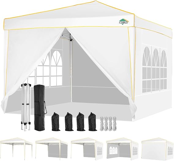 COBIZI 10x10 Pop up Canopy, Canopy Tent 10x10 Gazebos, Ez up for Parties Beach Camping Party Event Shelter Sun Shade with 4 Sidewalls & Carry Bag 4 Stakes & Ropes & Sandbags, White