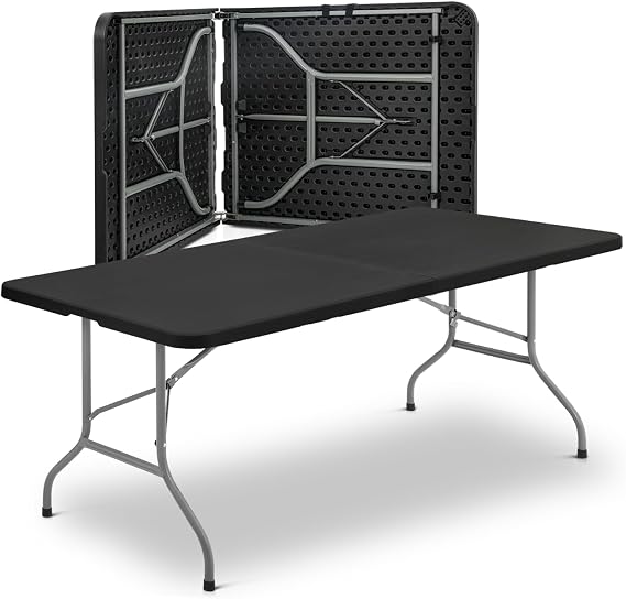 Athena Collection 8ft Folding Table, Lightweight Portable Desk with Handle, Square Foldable Plastic Table for Card Games, Collapsible Dining, Indoor Outdoor Camping Picnic & Party Use, Black