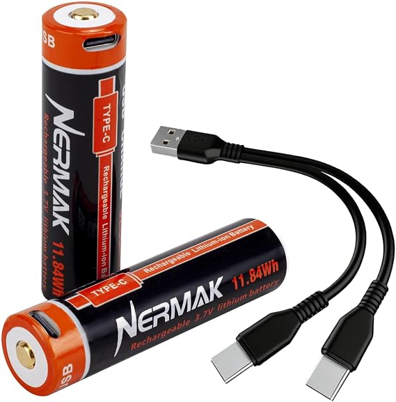 NERMAK 3.7V 3200mAh USB Rechargeable Lithium lon Battery for Flashlights, Headlamps, Bike Lights, Bluetooth Speaker Etc(2 Pack)
