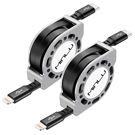 MINLU USB Type C to Lightning Cable 4Ft 2Pack, Retractable iPhone Charger Fast Charging for Retractable Car USBC iPhone Cord for iPhone14 13 12 11 Pro Max, 15 14 Plus, XS Max, SE, XR, X, 8, 7, 6S