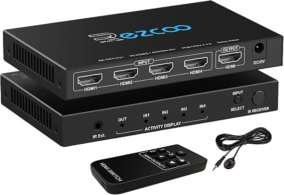 4K 120Hz HDMI 2.1 Switch 4x1 Audio Extractor VRR ALLM HDCP2.3 ARC HDR10+ CEC Optical SPDIF and 3.5mm AUX Audio Out,HDMI Auto Switch 4 IN 1OUT IR Remote D-olby Digital EDID for PS5 XBOX NVIDIA