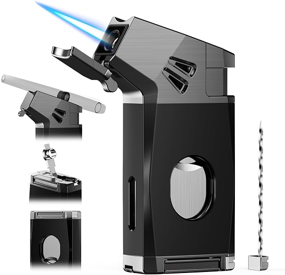 5-in-1 Torch Lighter with Straight Tool, Punch, Draw Enhancer, Holder, Visual Fuel Window, Windproof & Refillable Butane Lighters, Cool Lighters with Gift Box, Gift for Men, Candle, Travel