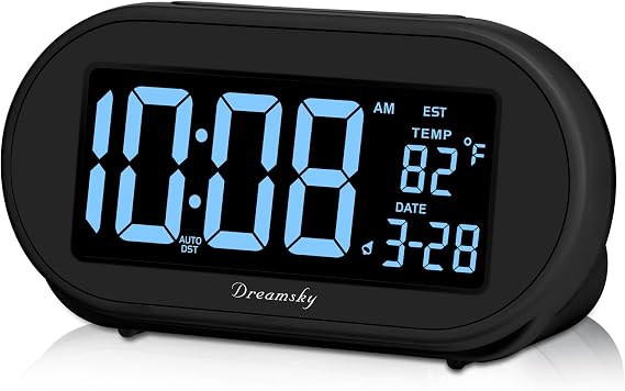 DreamSky Alarm Clocks for Bedrooms, Auto Set Digital Clock with Date & Temp | Electric Desk Clock with Dimmable Brightness Dimmer for Bedside Nightstand, Auto DST, USB Port, Temperature, Snooze
