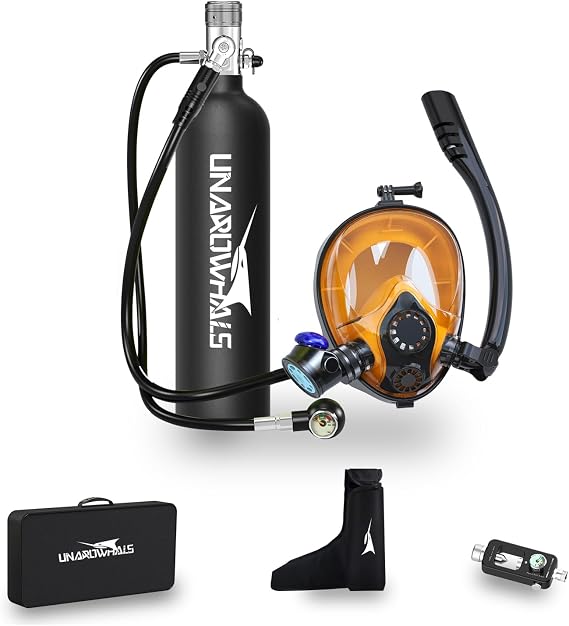 Scuba Tank with Extended Pressure Gauge, DOT/CE-EN250 Certification Lung Tank, 1L Diving Tank, 15-20 Minutes Underwater Exploration with Portable Mini Scuba Tank, 3000 Psi Max Pressure