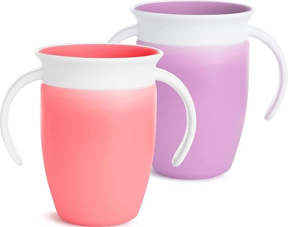 Munchkin Miracle 360 Sippy Cup for 6 Month Old, Spill Proof Baby and Toddler Cups with Transition Handles, 7 Ounce, 2 Pack, Pink/Purple
