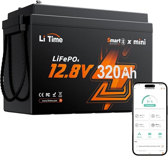 LiTime LiFePO4 Battery 12V 320Ah, Mini Lithium Battery with BMS 200A and Low Temperature Protection, 4096Wh Energy, 189mm Wide Camper, Caravan, Boat and Off-Grid