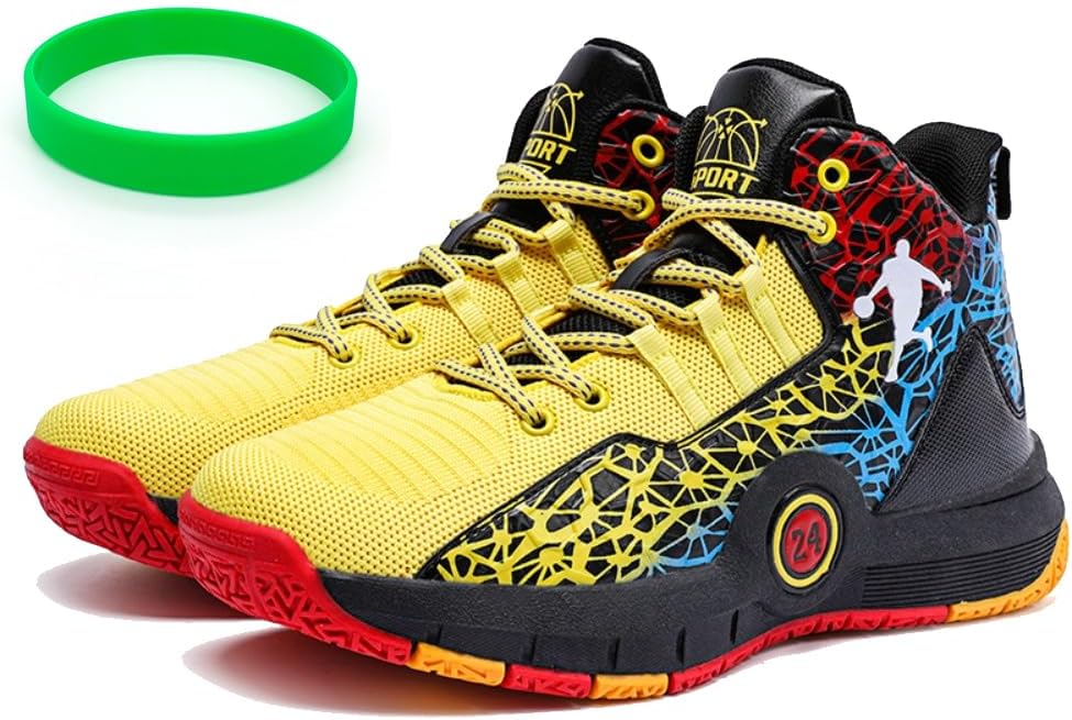Men's High-Top Basketball Shoes Outdoor Shock-Absorbing Teen Boy Girl Adult Sports Sneakers with Non-Slip with Silicone Sports Wristband
