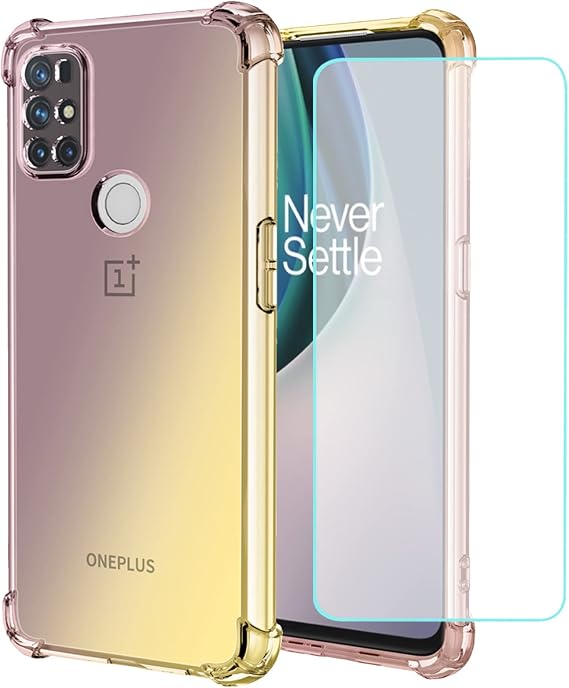 Cellular Phone Case - OnePlus Nord N10 5G Specific, Clear Gradient Slim Shockproof TPU Back Protective Cover with Tempered Glass Screen Protector (Black/Gold)