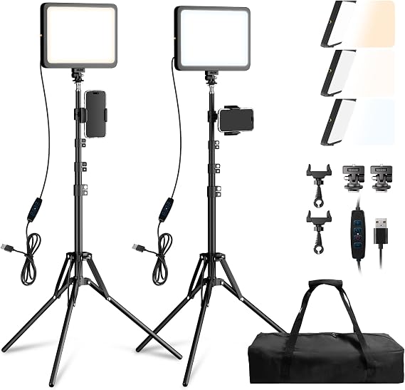 LED Video Light Kit, 2800-7000K Dimmable Studio Lighting with Tripod Stand & Phone Holder, 73 Adjustable Height for Video Recording, Live Streaming, YouTube, Photography,2-Pack