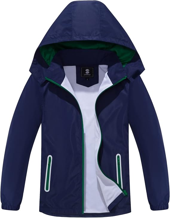 SaphiRose Kids Waterproof Rain Jacket Mesh Lined with Removable Hood | Lightweight rain coat, windproof, breathable, school, camping, travel, outdoor play, boys and girls