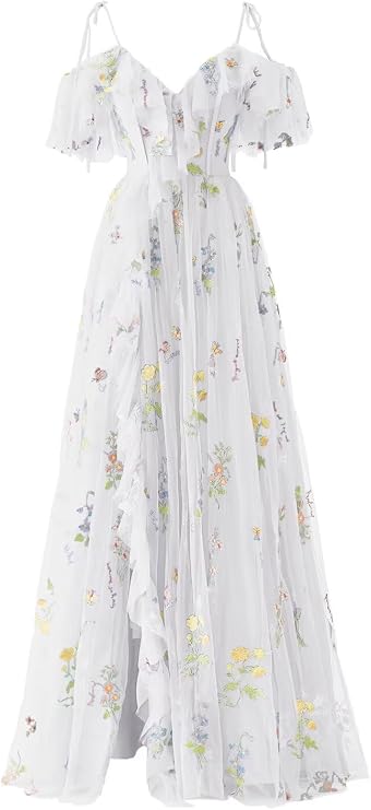 Maxianever Tulle Prom Dresses Flower Embroidery Ruffle V Neck Women's Formal Evening Party Gowns 2024