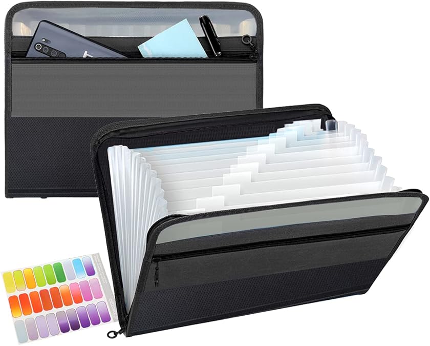 13 Pockets Expanding File Folder with Zipper Closure, A4 Plastic Document Wallet Organizer with Handy Front Pocket for Personal Office Stationary Storage