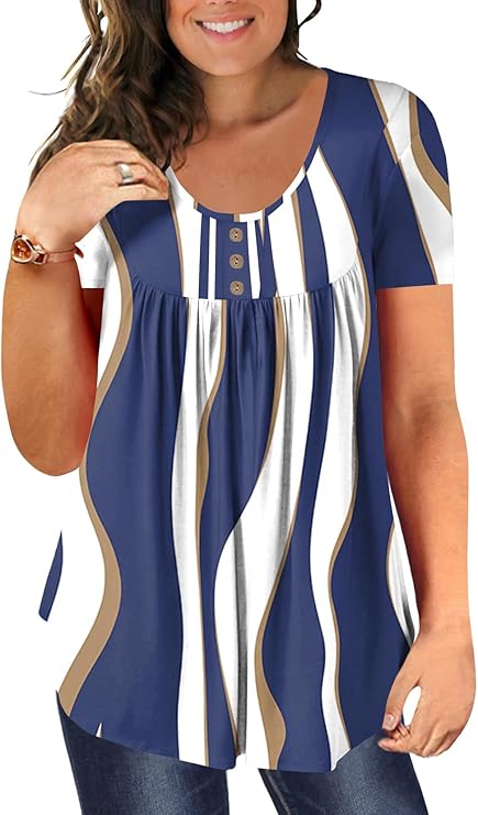 BeadChica Womens Short Sleeve Tunic Tops For Leggings Casual Botton Up Tshirts Henley Ruched Blouses Summer