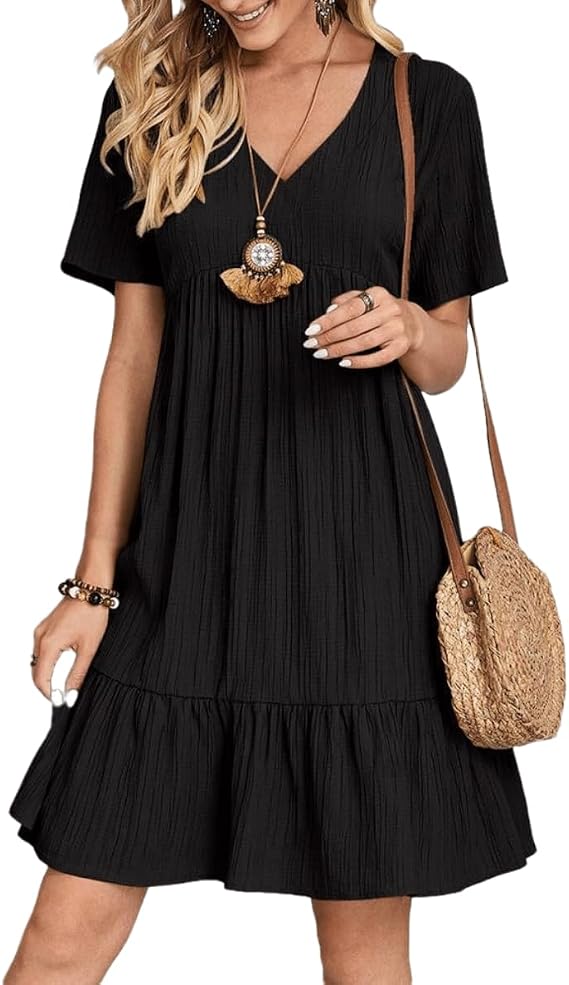 Women Summer Dress V Neck Short Sleeve Ruffle Hem Flowy Swing Dress Swiss Dot Babydoll Chiffon Mini Dress