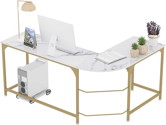 Reversible L Shaped Desk White, 66.1" Corner Gaming Computer Desk | Office Workstation, Modern Home Study Writing Table, with CPU Stand & Mounting Hole, Marble White and Gold, Easy Assembly