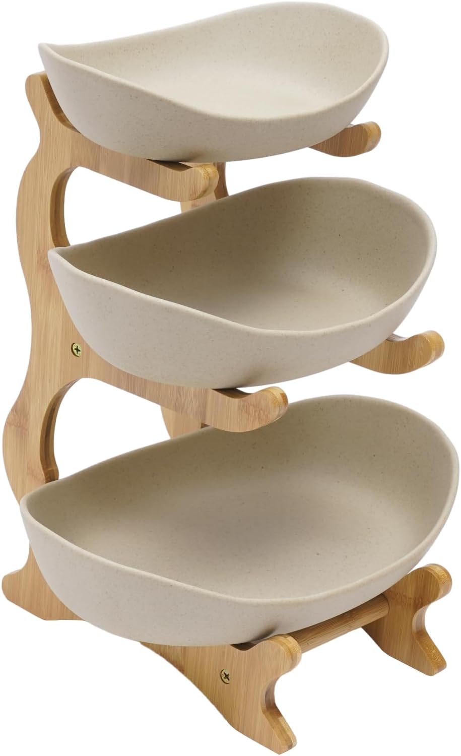 3 Tier Ceramic Fruit Bowl for Kitchen Counter Fruit Plate with Bamboo Wooden Frame 3-Tier Brown Fruit Rack Tiered Fruit Basket Vegetables Storage Stand Brown, Earthy Color