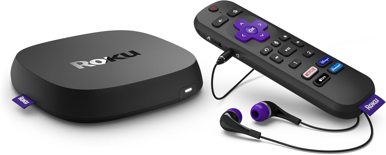 Roku Ultra 2022 4KHDRDolby Vision Streaming Device and Roku Voice Remote Pro with Rechargeable Battery, Hands-Free Voice Controls, Lost Remote Finder, and Private Listening