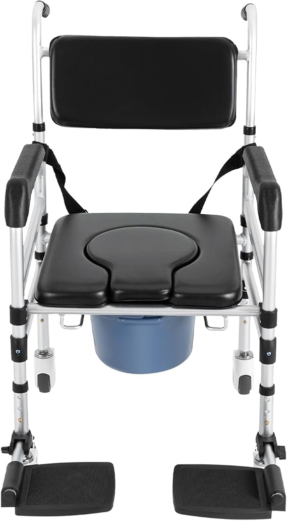 Shower Chair with Wheels, 4-in-1 Adjustable Height Folding Shower Commode, 352lbd Max. Capacity, Rolling Shower Wheelchair, Black & Silver Bedside Toilet Chair for Elderly, Disabled, Injured