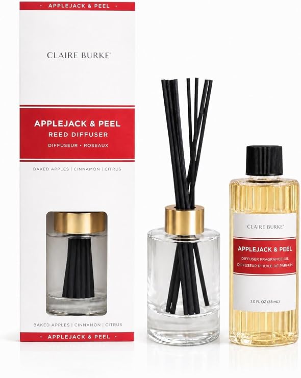 Claire Burke Applejack & Peel Reed Diffuser Set for Home | Flameless Fragrance Oil with Sticks | Scent Diffuser Stick Set | 3 fl oz, 8 Reeds | Up to 800 Sq Ft | Diffusers for Home Fragrance