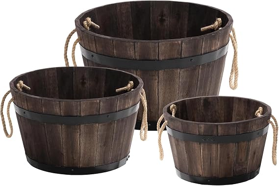 Set of 3 Wooden Flower Boxes Outdoor, Durable Acacia Wood Barrel Planters for Outdoor Plants with Ergonomic Handles, Drainage Holes, Multiple Sizes Wood Bucket Planter for Home Decor