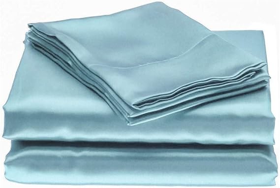 100% Pure Silk Satin Sheet Set 6pcs, Silk Fitted Sheet 19" Deep Pocket Mattress fit,Silk Flat Sheet&Silk Pillowcases Sets Cool Soft Silk Sheets|Fade Resistant(Full Sky Blue)