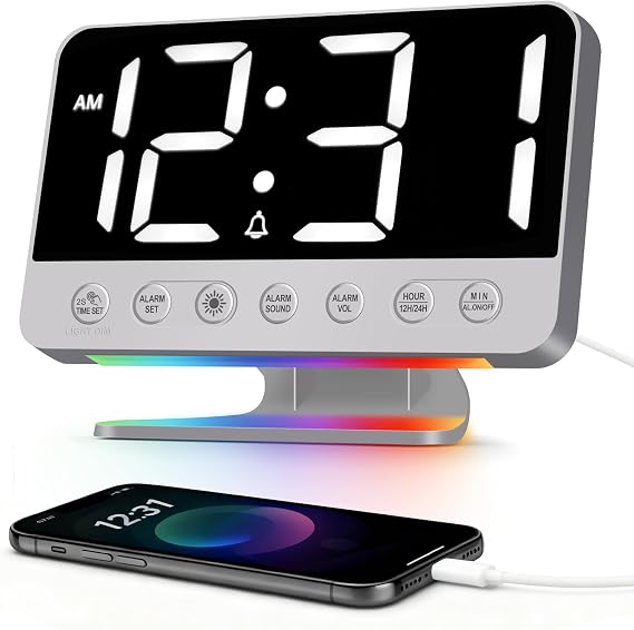 Digital Alarm Clocks Bedside: Loud Alarm Clock for Heavy Sleepers, Snooze, USB Port, Adjustable Brightness/Volume, Mains Powered, 12/24HR, Modern Light Clocks for Bedrooms Home Office
