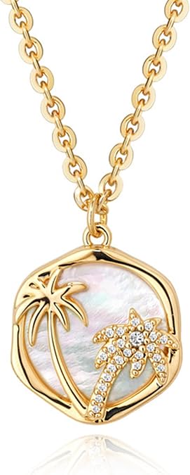 Fettero 14K Gold Plated Necklaces for Women Dainty Mother of Pearl Pendant, Love Heart | Palm Tree | Compass | Cross Charm MOP Gold Necklace Summer Beach Jewelry Gift