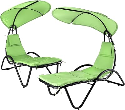 2X Hanging Chaise Outdoor Lounge Chair Hammock with Sun Shade Canopy, Wide Umbrella, Cushion, Stand for Backyard, Poolside Green