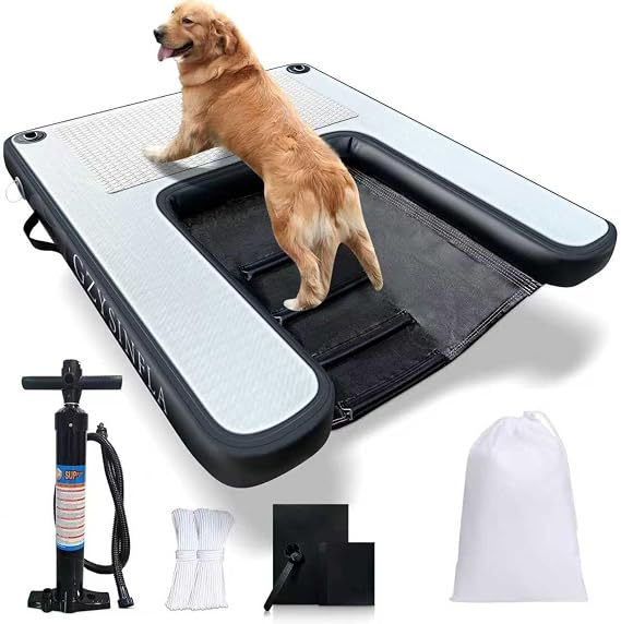 Inflatable Large Dog Water Ramp Float Floating Ramp-Swimming Pets Up to 200 Pounds Large Dogs-Inflatable Stairs for Boats, Docks, with Pump/Rope/Repair Kit - PVC Anti-Slip Fabric (Black)