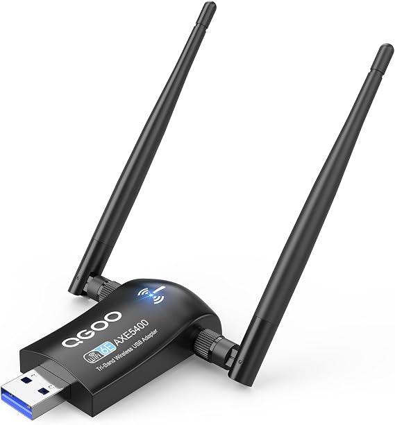 Tri-Band WiFi 6E Adapter for Desktop PC: QGOO USB 3.0 Axe 5400 Wireless Network Receiver/Dongle with 5dBi Dual Antennas, WiFi Card/Stick 6G/5G/2.4G for Laptop Computer Only Compatible Windows 11/10