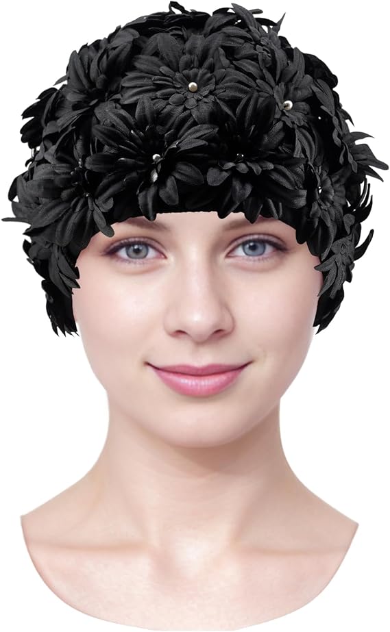 Floral Petal Swim Cap Bathing Cap for Women Girls Long Short Hair Retro Elastic Swimming Turban with Flowers Pearls