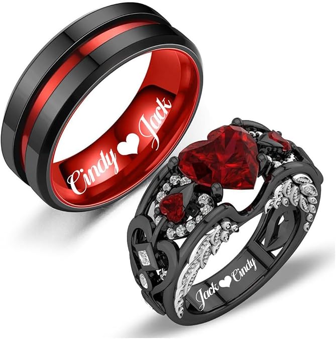 RhAny Personalized Couple Rings Set Black Promise Rings for Him and Her Customizable engagement rings for couples set red Couple Custom Wedding Rings Set Blue and Purple,Size 6-13